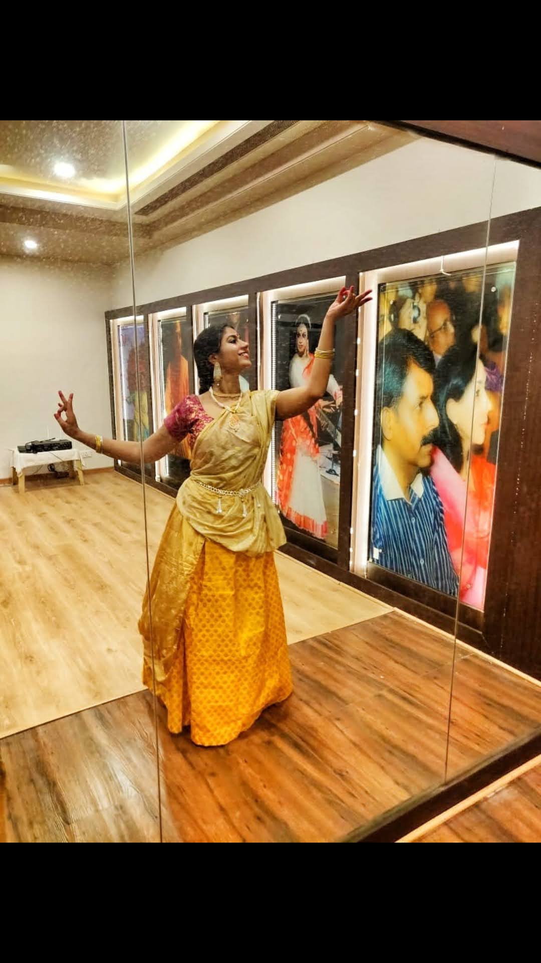 Yellow saree dance pose